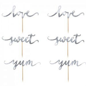 PartyDeco Cupcake Topper Love - Silber 6-teilig