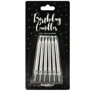PartyDeco Geburtstagskerzen Silber 6cm, 6 Stück